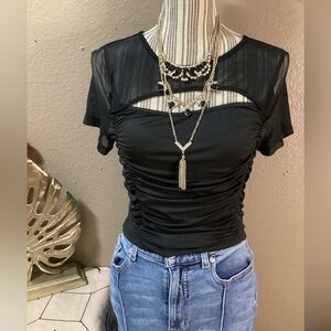CIDER Elegant Black Ruched Mesh Top
